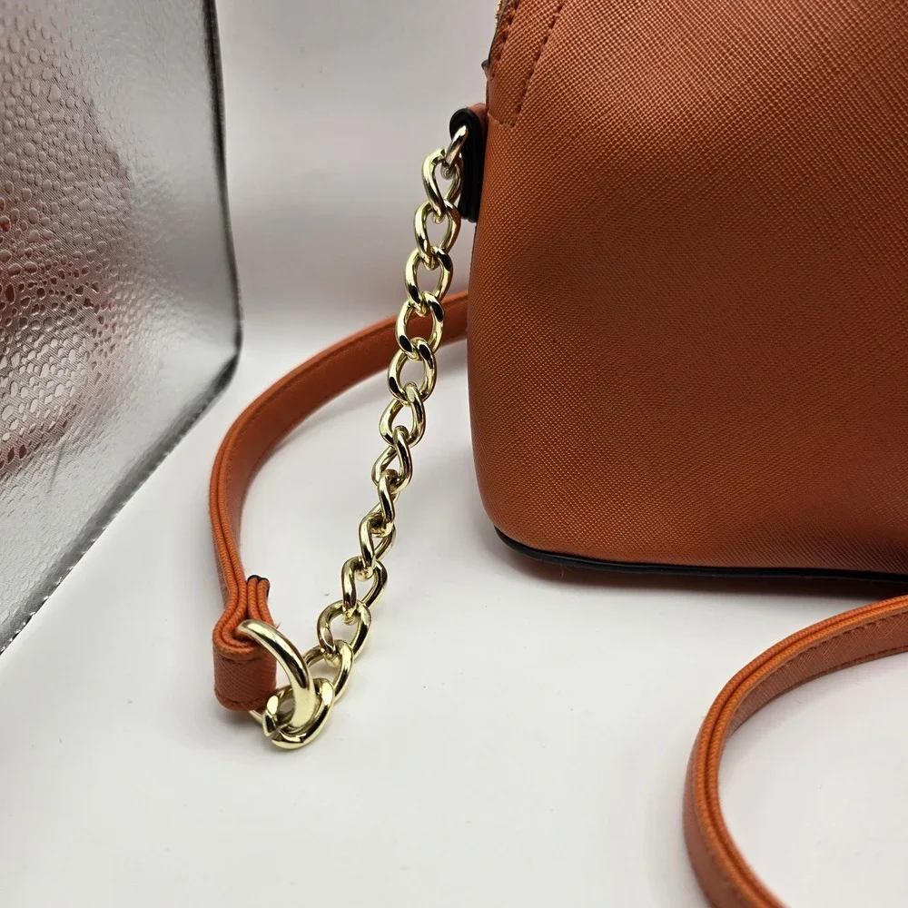 Steve Madden Cognac Saffiano Faux Leather Dome Crossbody Bag Gold Chain Strap